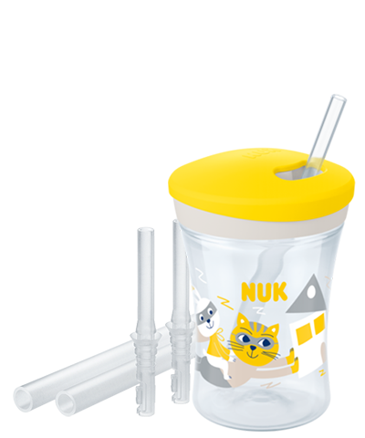 NUK Action Cup Gobelet en plastique pour enfants de 12 mois et plus, 230  ml, couvercle rotatif avec paille souple, anti-fuite, sans BPA, crabe violet